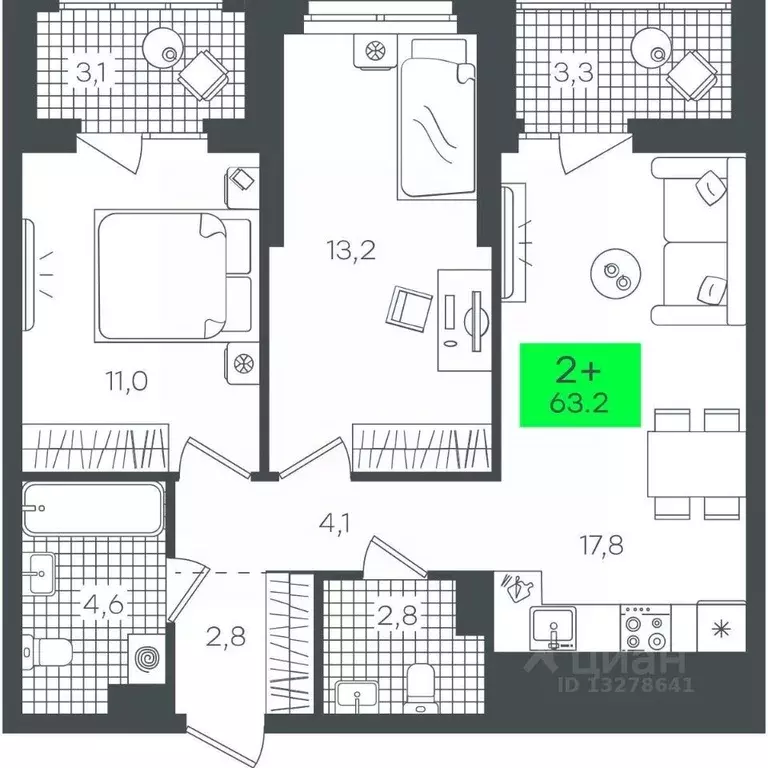 2-к кв. Тюменская область, Тюмень ул. Василия Малкова, 15 (63.24 м) - Фото 0