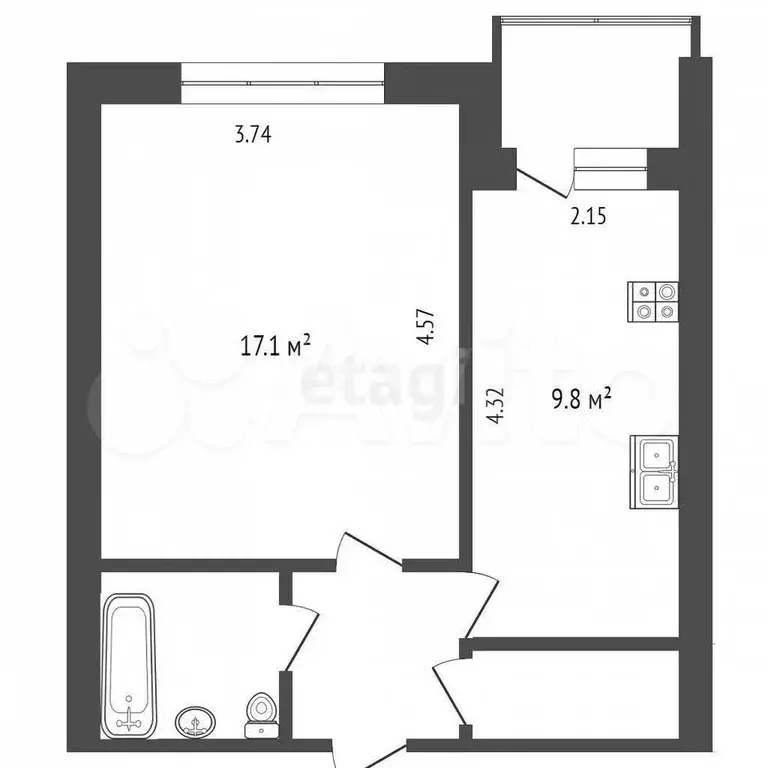 1-к. квартира, 35,2 м, 6/9 эт. - Фото 0