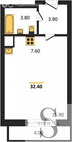 Квартира-студия: Новосибирск, улица Бородина, 54 (32.1 м) - Фото 0