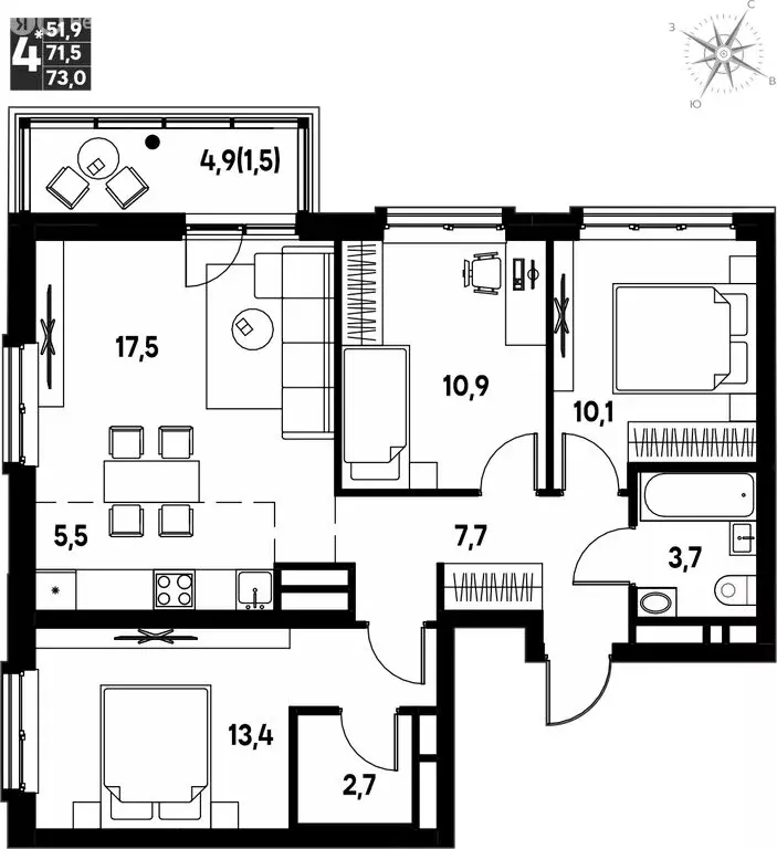 4-комнатная квартира: Кондратово, ЖК Мы (73 м) - Фото 0