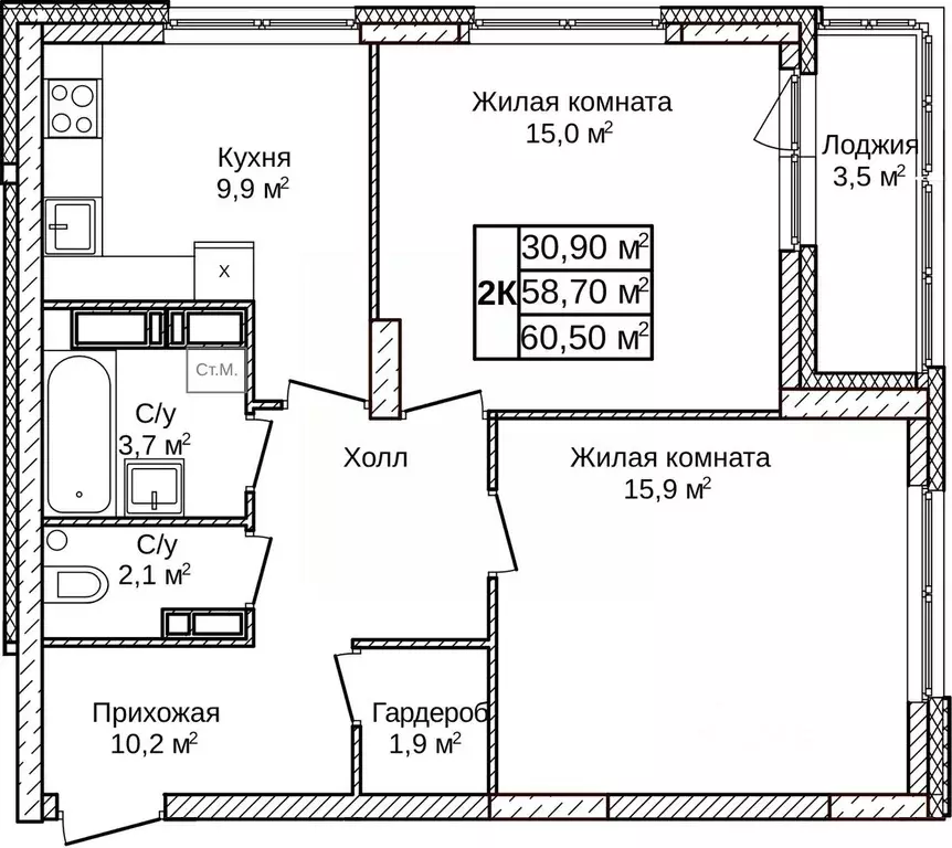 2-к кв. Нижегородская область, Нижний Новгород д. Ольгино,  (60.5 м) - Фото 1