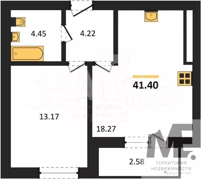 1-к. квартира, 41,4 м, 9/9 эт. - Фото 0