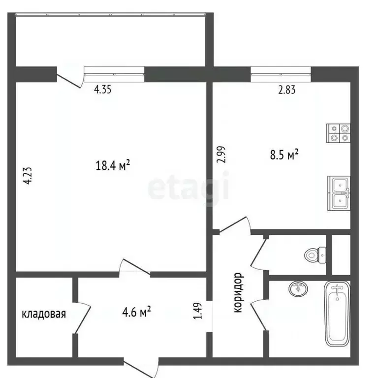 1-к кв. Ямало-Ненецкий АО, Новый Уренгой Сибирская ул., 69 (40.2 м) - Фото 2