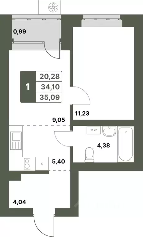 1-к кв. Башкортостан, Уфимский район, с. Миловка  (35.09 м) - Фото 1