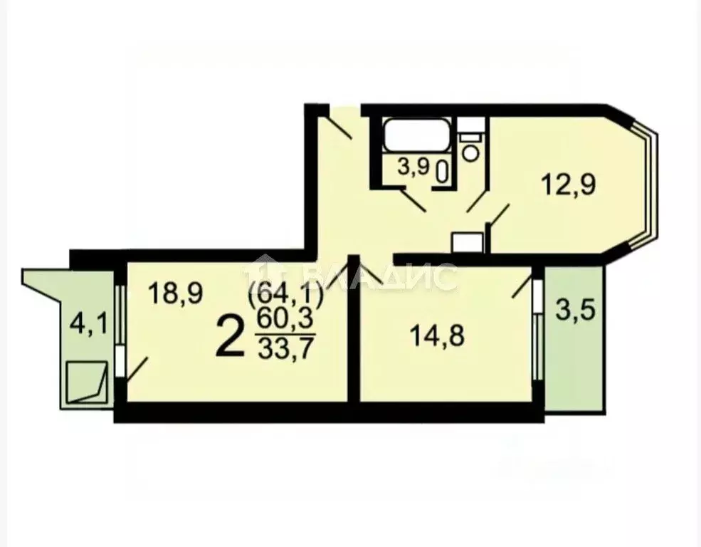 Квартира, 2 комнаты, 64.4 м - Фото 0