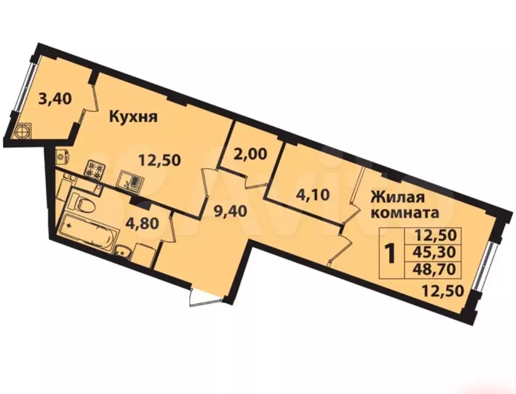 1-к. квартира, 48,7 м, 11/12 эт. - Фото 0