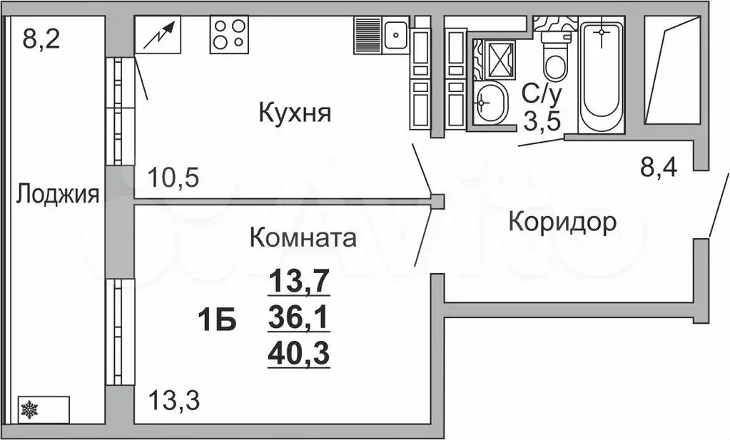 1-к. квартира, 40,3 м, 13/18 эт. - Фото 1