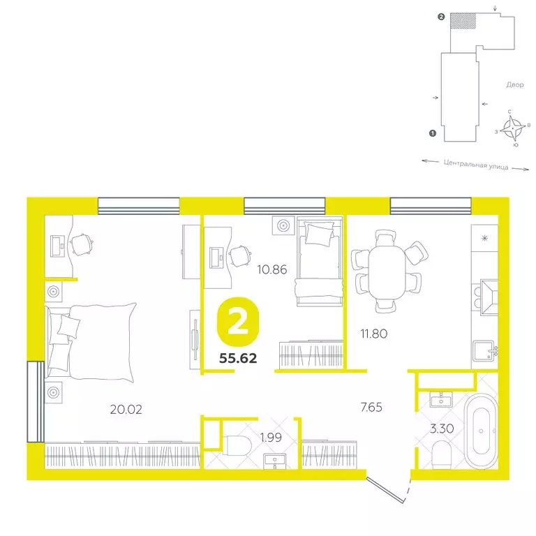 2-комнатная квартира: Горьковка, жилой комплекс Крылья (55.62 м) - Фото 1