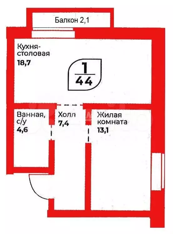 1-к. квартира, 44 м, 6/6 эт. - Фото 0