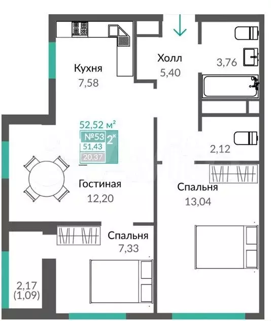 2-к. квартира, 52,5 м, 8/16 эт. - Фото 1