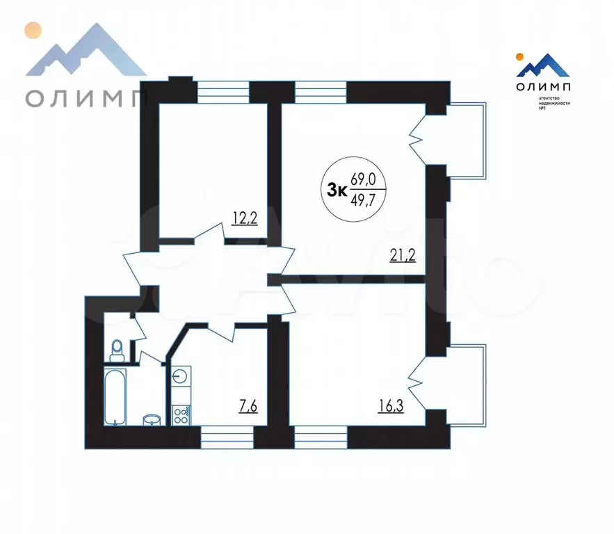 3-к. квартира, 69 м, 2/2 эт. - Фото 0