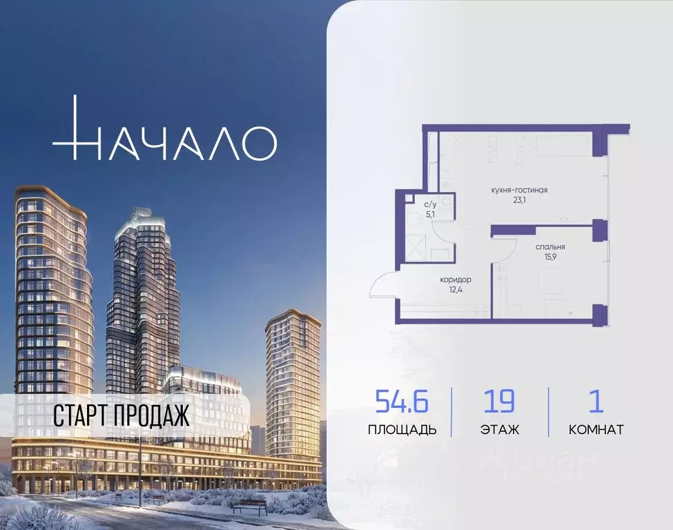 1-к кв. Москва Начало жилой комплекс (54.6 м) - Фото 1