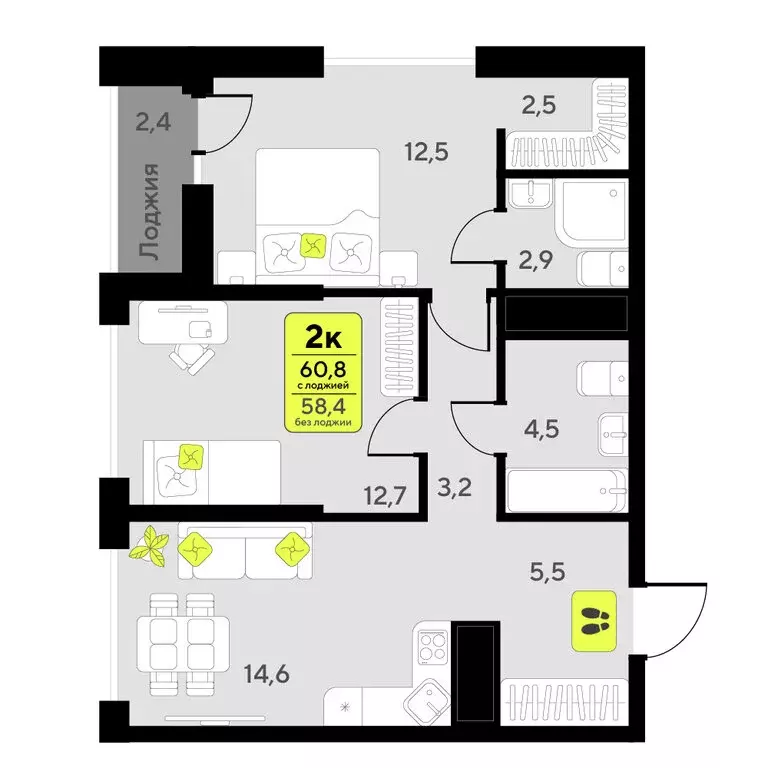 2-комнатная квартира: Тюмень, улица Андрея Приказнова, 1 (60.8 м) - Фото 2