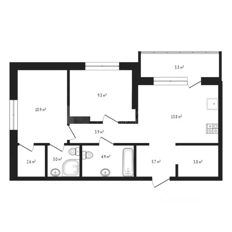 2-к кв. Тюменская область, Тюмень ул. Республики, 204к18 (58.65 м) - Фото 2