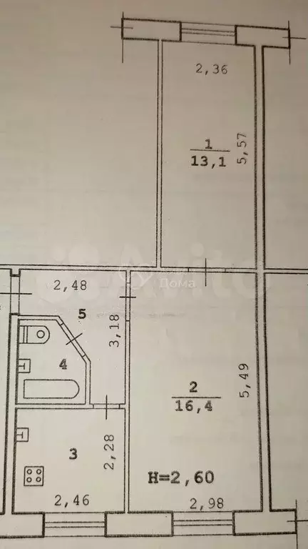 2-к. квартира, 42,8 м, 1/2 эт. - Фото 0