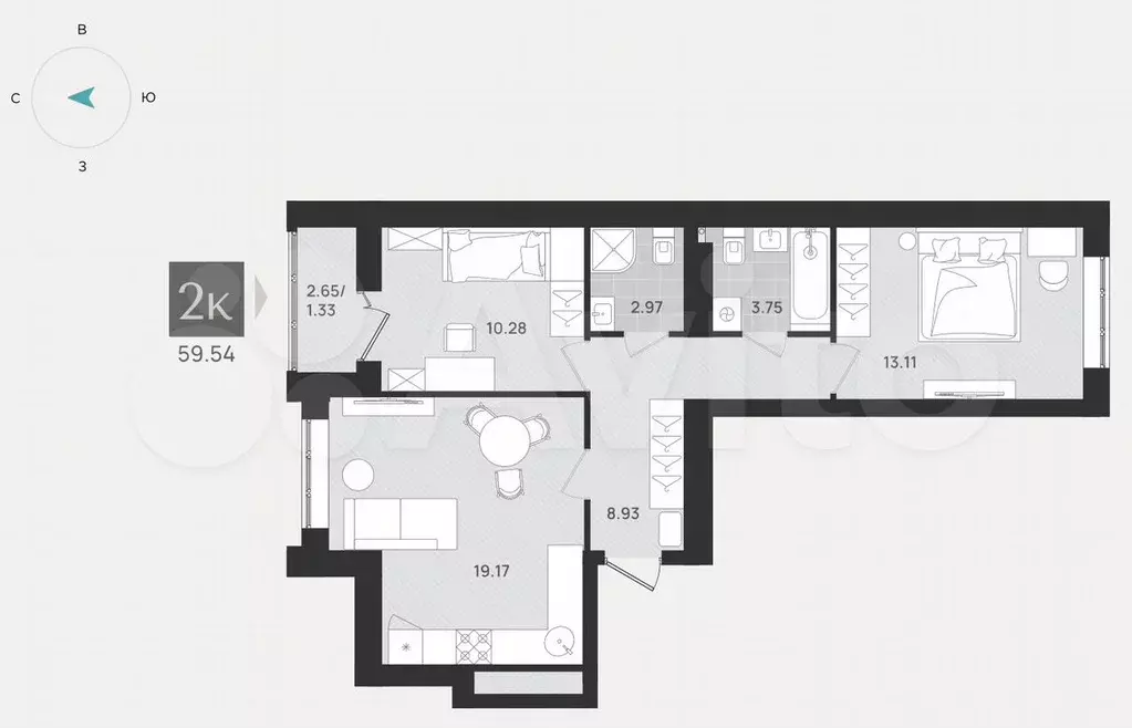 2-к. квартира, 60 м, 6/9 эт. - Фото 1