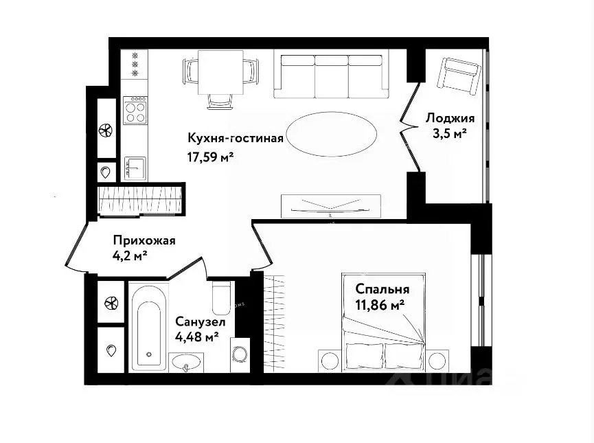 1-к кв. Тульская область, Тула ул. Седова, 26к2 (42.0 м) - Фото 1