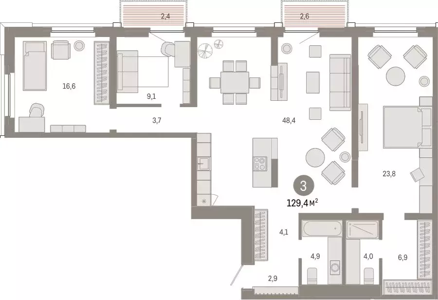 3-комнатная квартира: Тюмень, Мысовская улица, 26к2 (129.42 м) - Фото 0