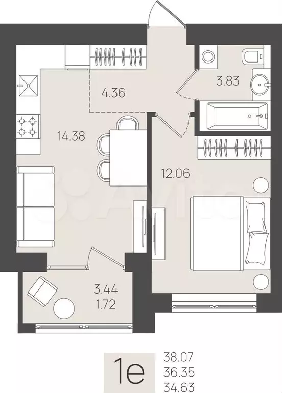 1-к. квартира, 36,4 м, 4/5 эт. - Фото 1