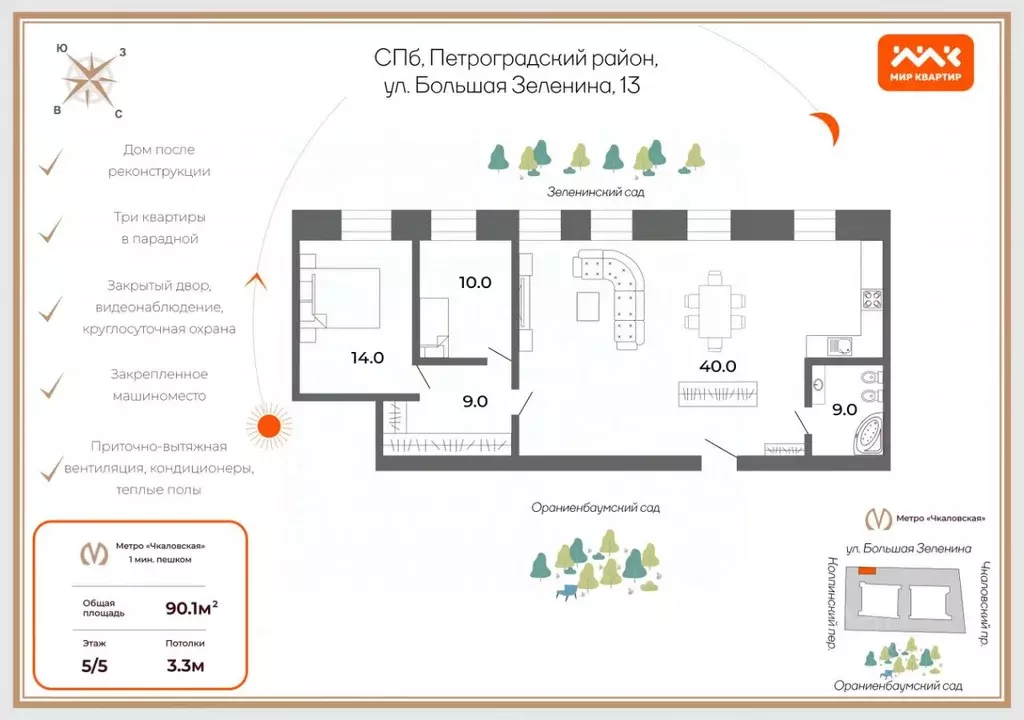 3-к кв. Санкт-Петербург ул. Большая Зеленина, 13 (90.1 м) - Фото 1