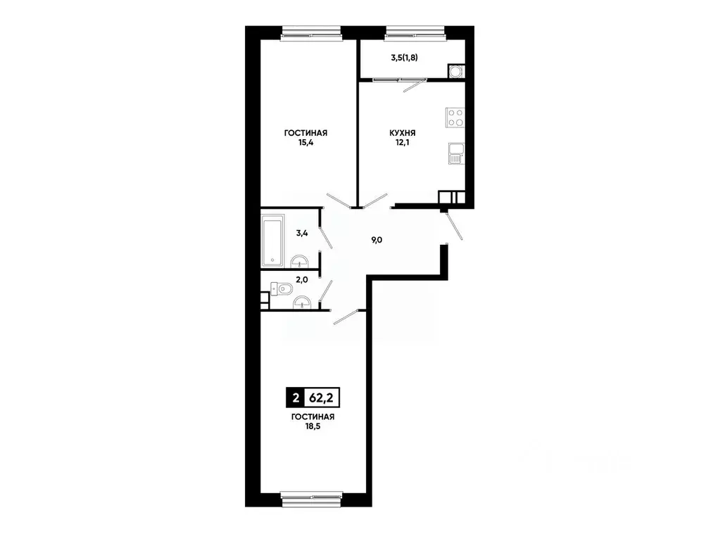 2-к кв. Ставропольский край, Ставрополь ул. Доваторцев, 179Гк1 (62.2 ... - Фото 1