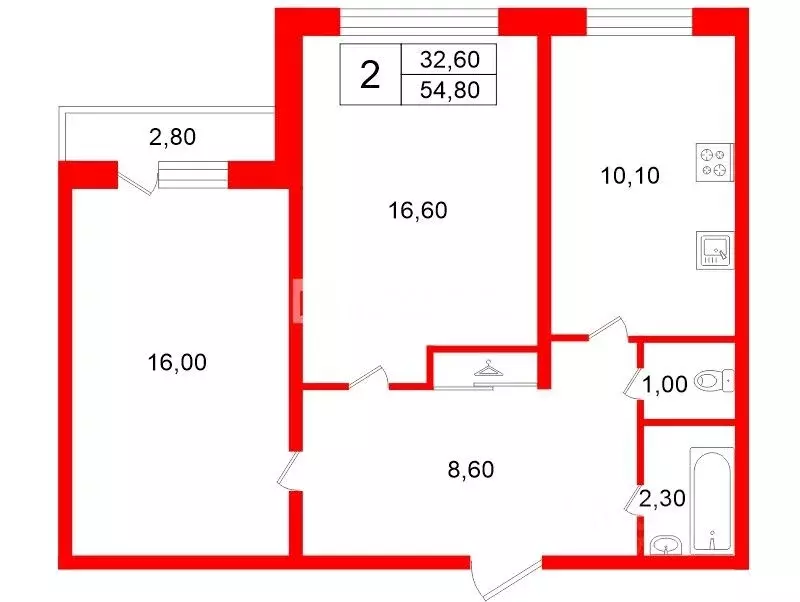 2-к кв. Санкт-Петербург ул. Уточкина, 2К1 (54.8 м) - Фото 2