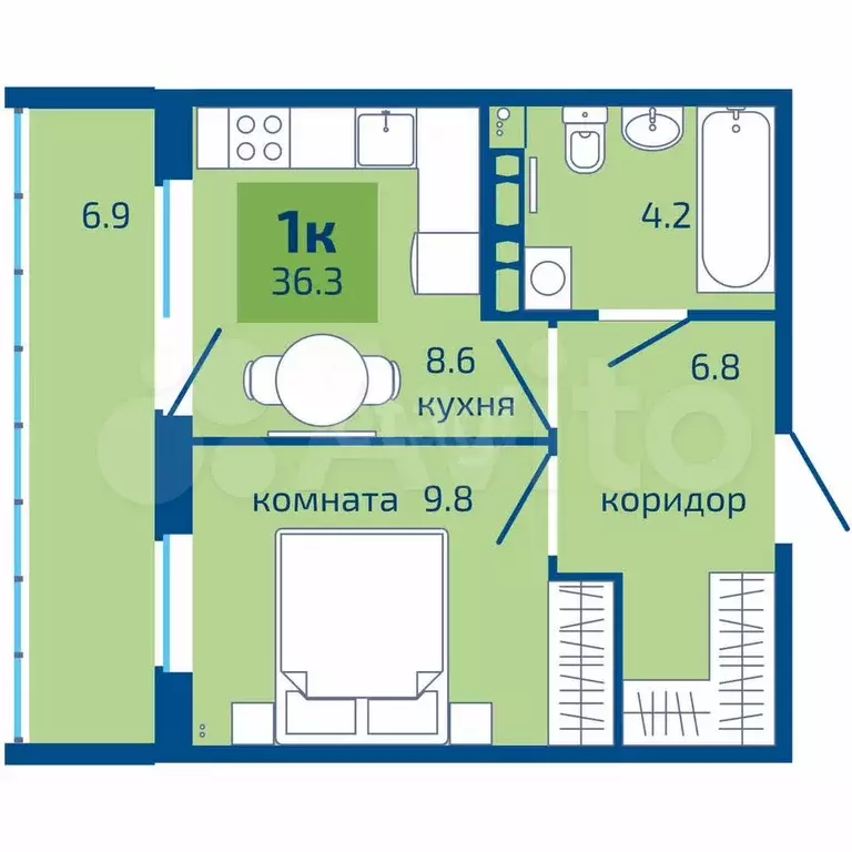 1-к. квартира, 36,3 м, 6/10 эт. - Фото 1