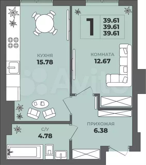 1-к. квартира, 40 м, 6/8 эт. - Фото 1