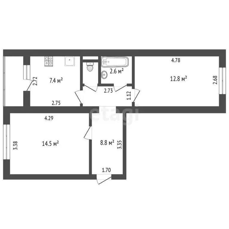 Квартира, 2 комнаты, 47.1 м - Фото 1