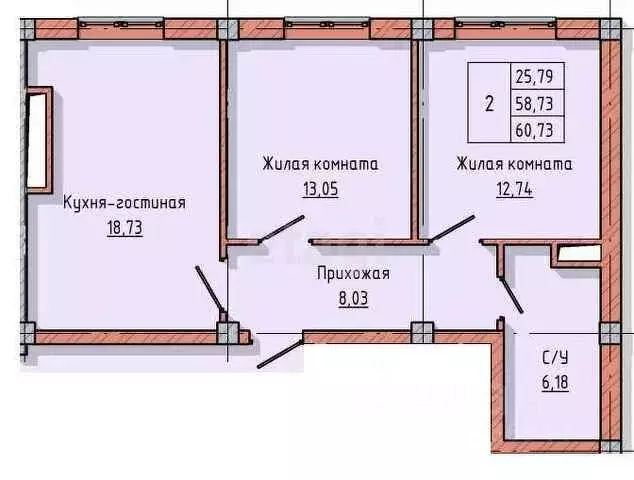 2-к кв. Кабардино-Балкария, Нальчик ул. Байсултанова, 28 (60.73 м) - Фото 1