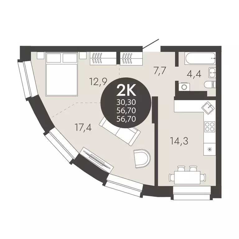 2-к квартира, 56.7 м - Фото 0