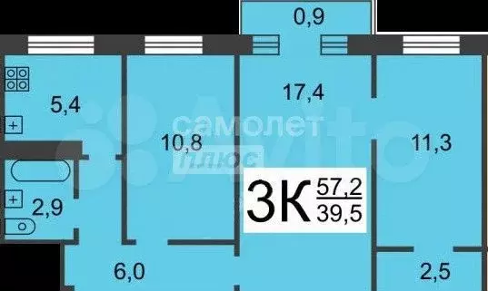 3-к. квартира, 57,2 м, 1/5 эт. - Фото 0