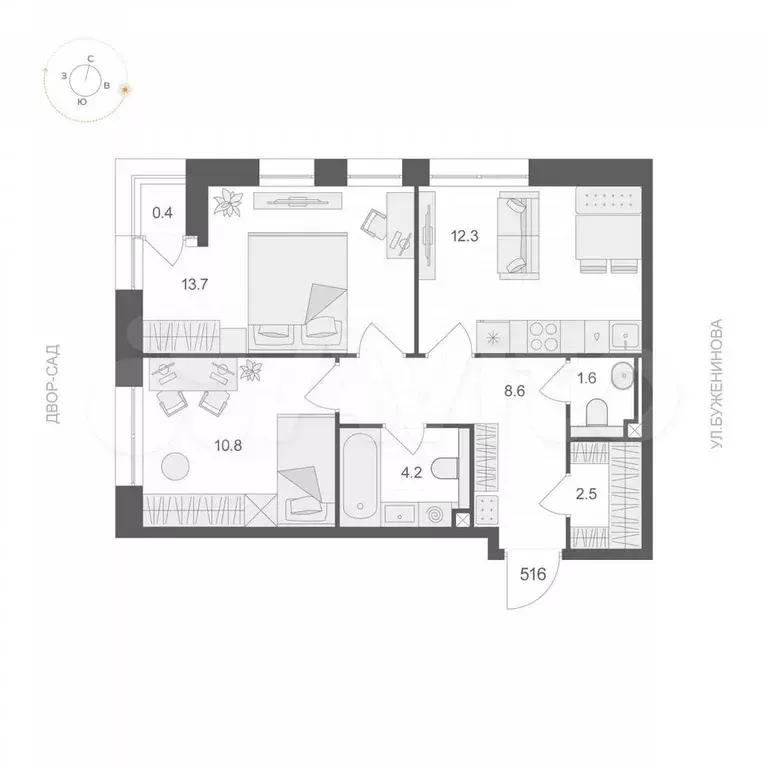 2-к. квартира, 53,9 м, 5/12 эт. - Фото 0