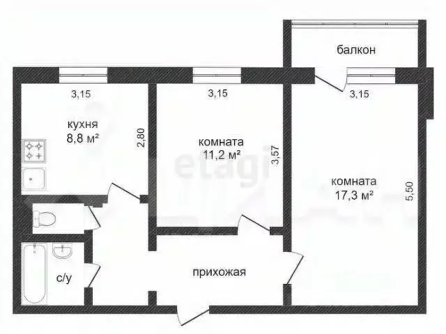 2-к кв. Белгородская область, Белгород ул. Щорса, 60 (55.0 м) - Фото 0