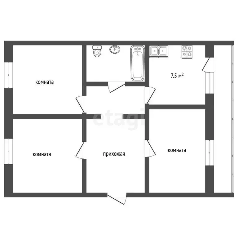 Квартира, 3 комнаты, 63.1 м - Фото 1