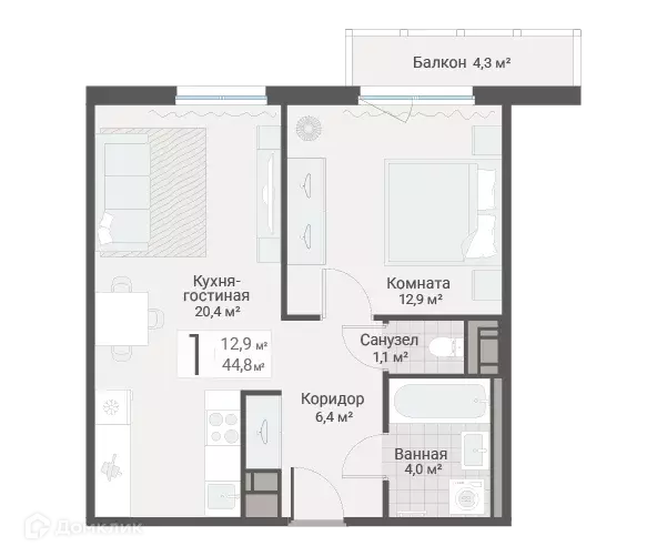 Продаётся 1-к квартира, 44.8 м - Фото 0
