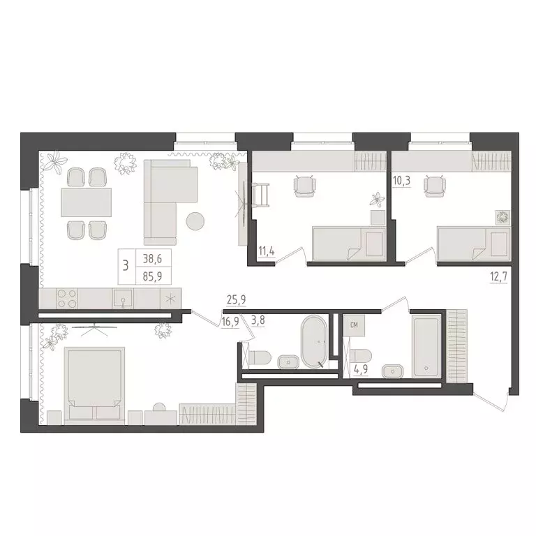 3-комнатная квартира: Уфа, 563-й квартал (85.8 м) - Фото 1