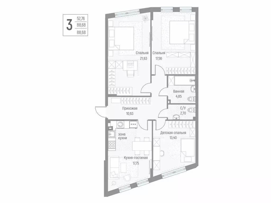 3-комнатная квартира: деревня Крюково, Высокая улица, 1 (88.8 м) - Фото 1