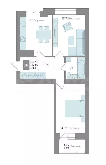 2-к. квартира, 56,5 м, 1/9 эт. - Фото 1