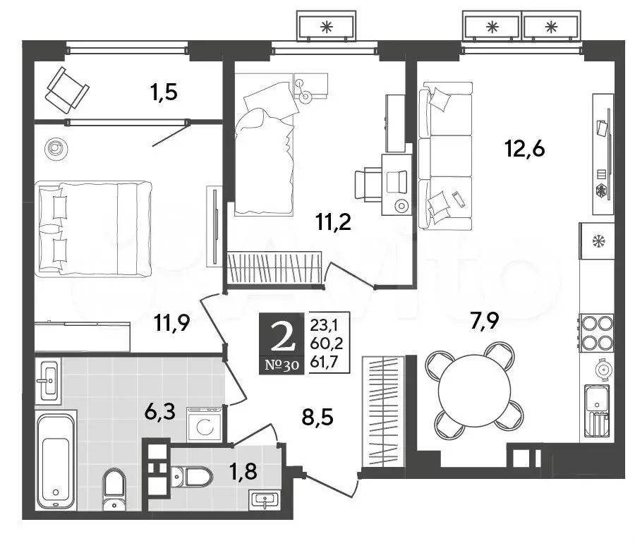 2-к. квартира, 61,7 м, 6/9 эт. - Фото 1