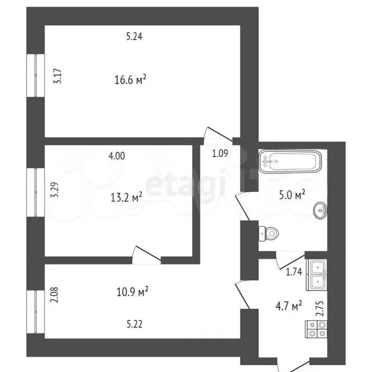 3-к. квартира, 53,9 м, 1/2 эт. - Фото 0