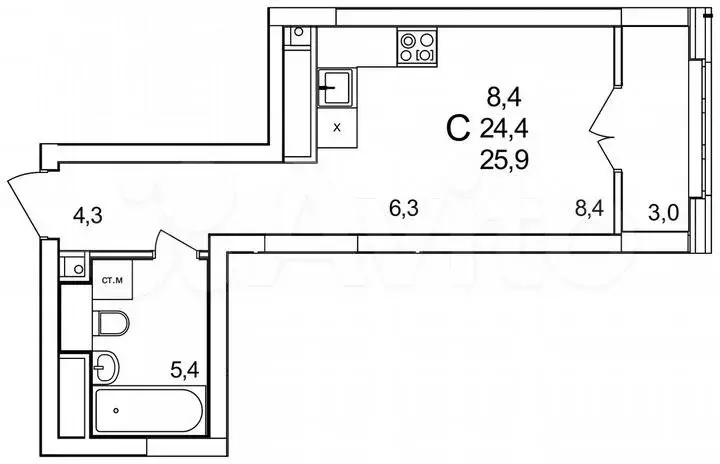 Квартира-студия, 25м, 19/25эт. - Фото 1