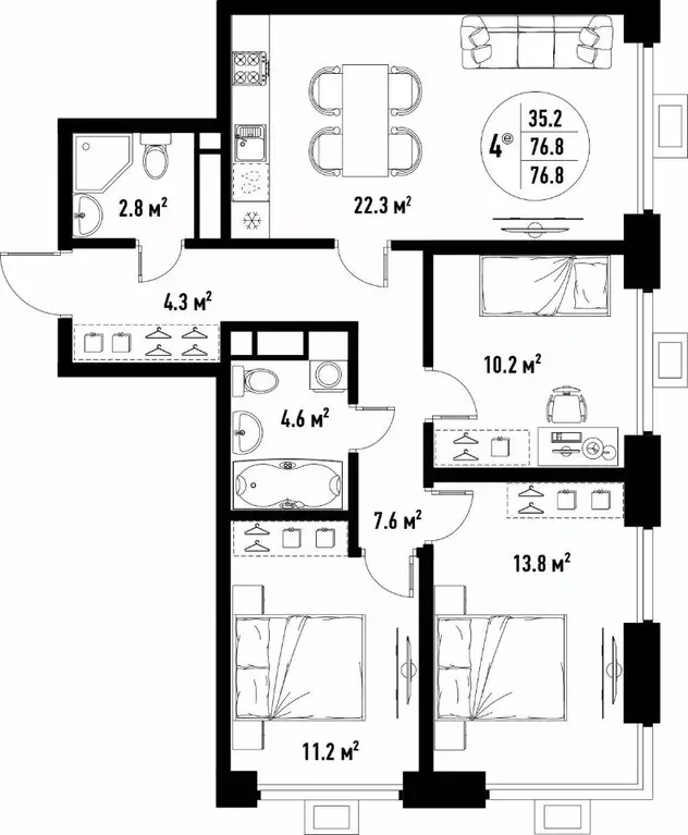 4-к кв. Астраханская область, Астрахань ул. Бэра, 29 (76.8 м) - Фото 2