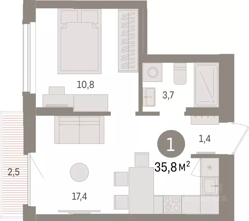 1-к кв. Липецкая область, Липецк пл. Петра Великого, 1 (35.8 м) - Фото 1