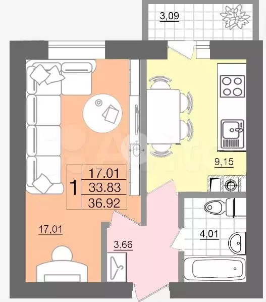 1-к. квартира, 36,9 м, 1/5 эт. - Фото 0