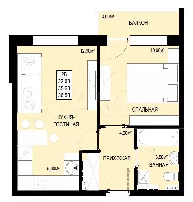1-к. квартира, 36,5 м, 5/9 эт. - Фото 0