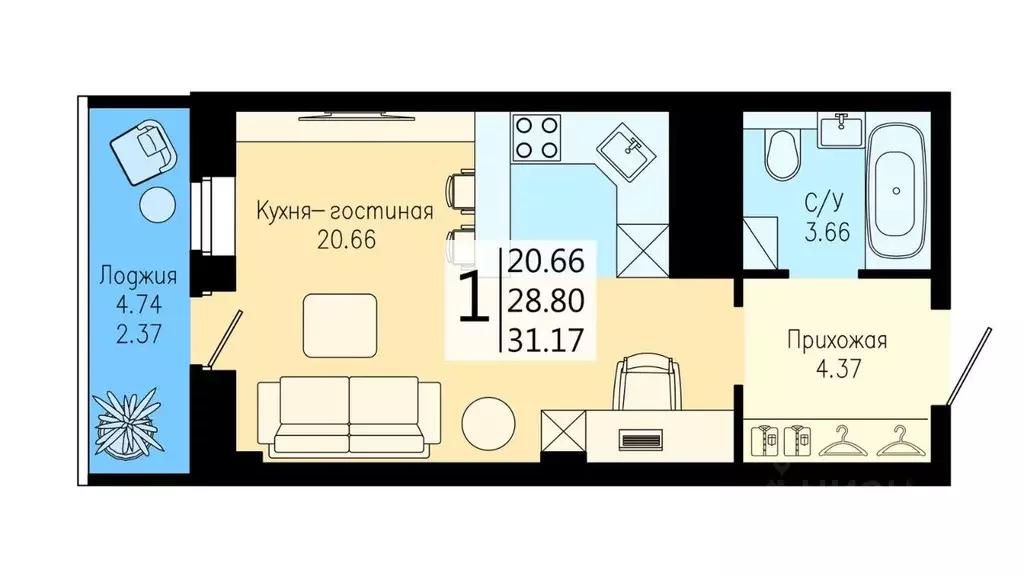 Студия Красноярский край, Красноярск Дудинская ул. (31.17 м) - Фото 0