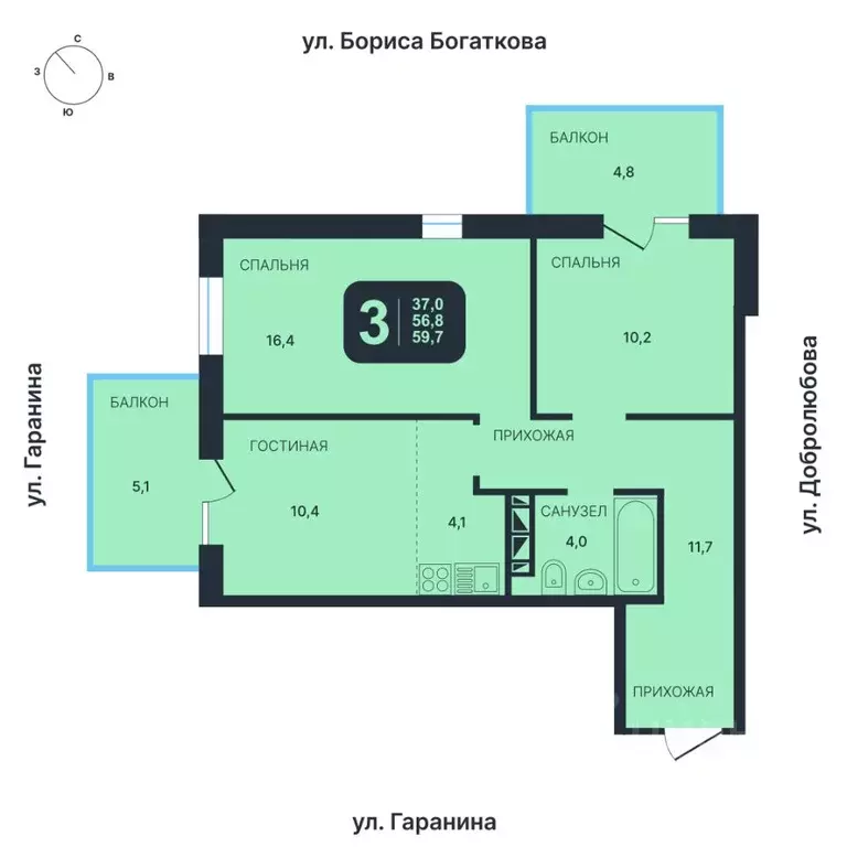 3-к кв. Новосибирская область, Новосибирск ул. Гаранина, 45 (59.7 м) - Фото 0