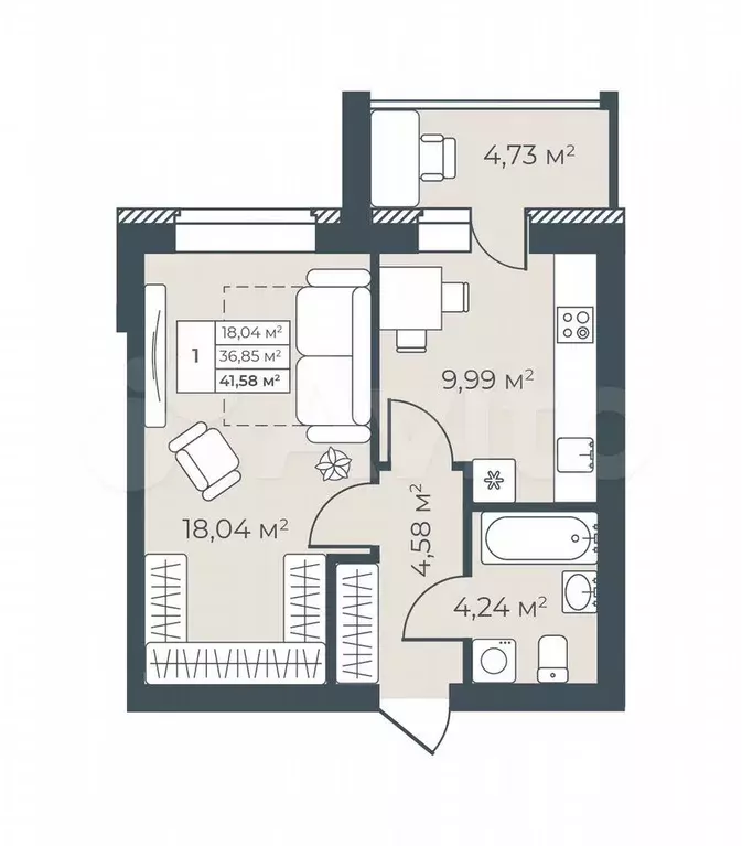 1-к. квартира, 41,6 м, 8/9 эт. - Фото 0
