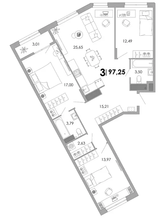 3-к квартира, 97.25 м - Фото 0